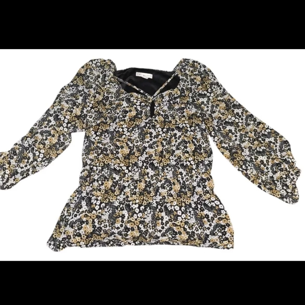 Cato Sheer Fully Lined Blouse Top Floral Black & Tan Ruffled Bottom Size Small